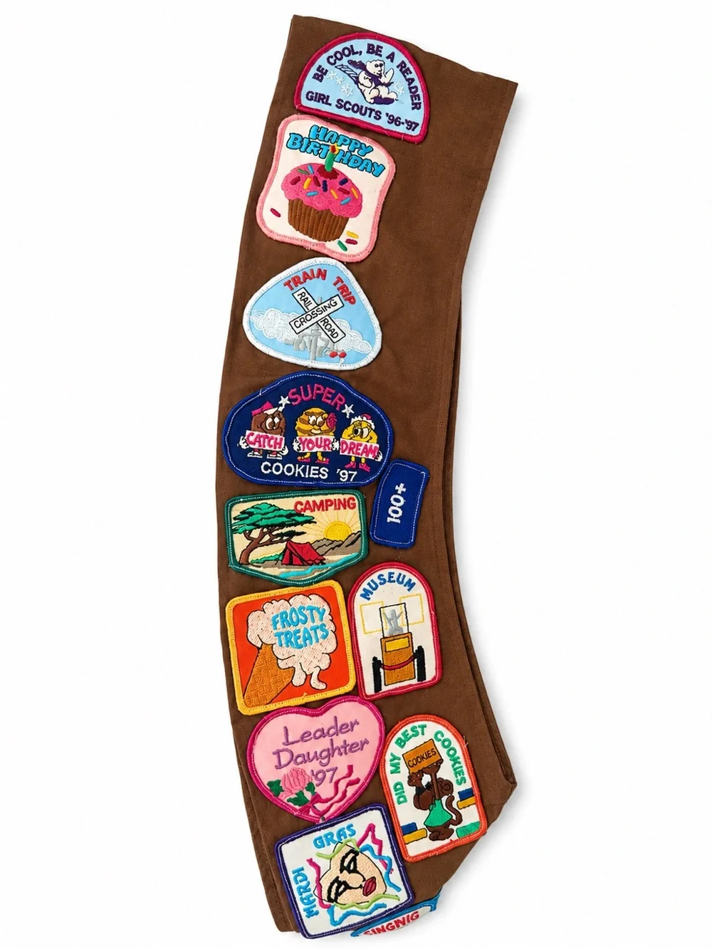 Vintage 90s Girl Scouts Brown Vest and Sash with Merit Badges -